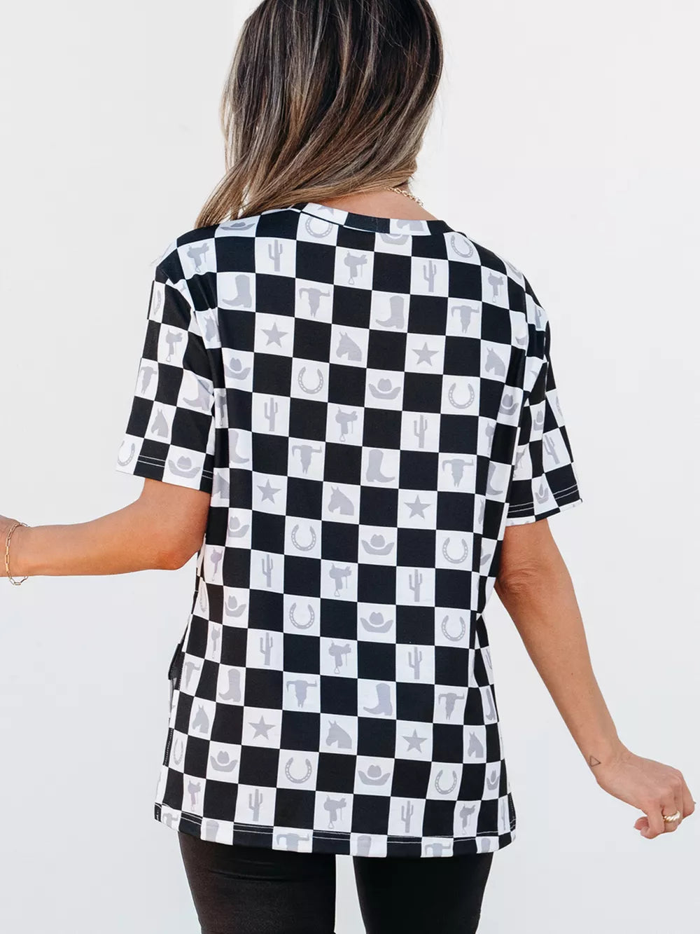 Western Checkerboard Print Side Split T-shirt in Black, back view
