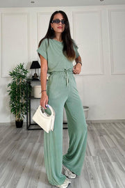 Relaxed fit tee and wide leg pants set in Gum Leaf green with drawstring waist.