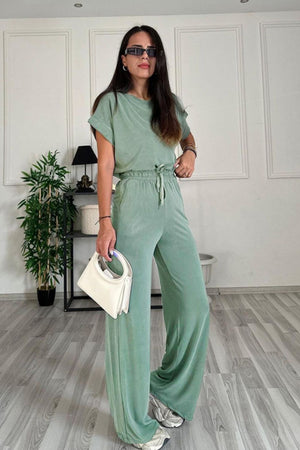 Relaxed fit tee and wide leg pants set in Gum Leaf green with drawstring waist.