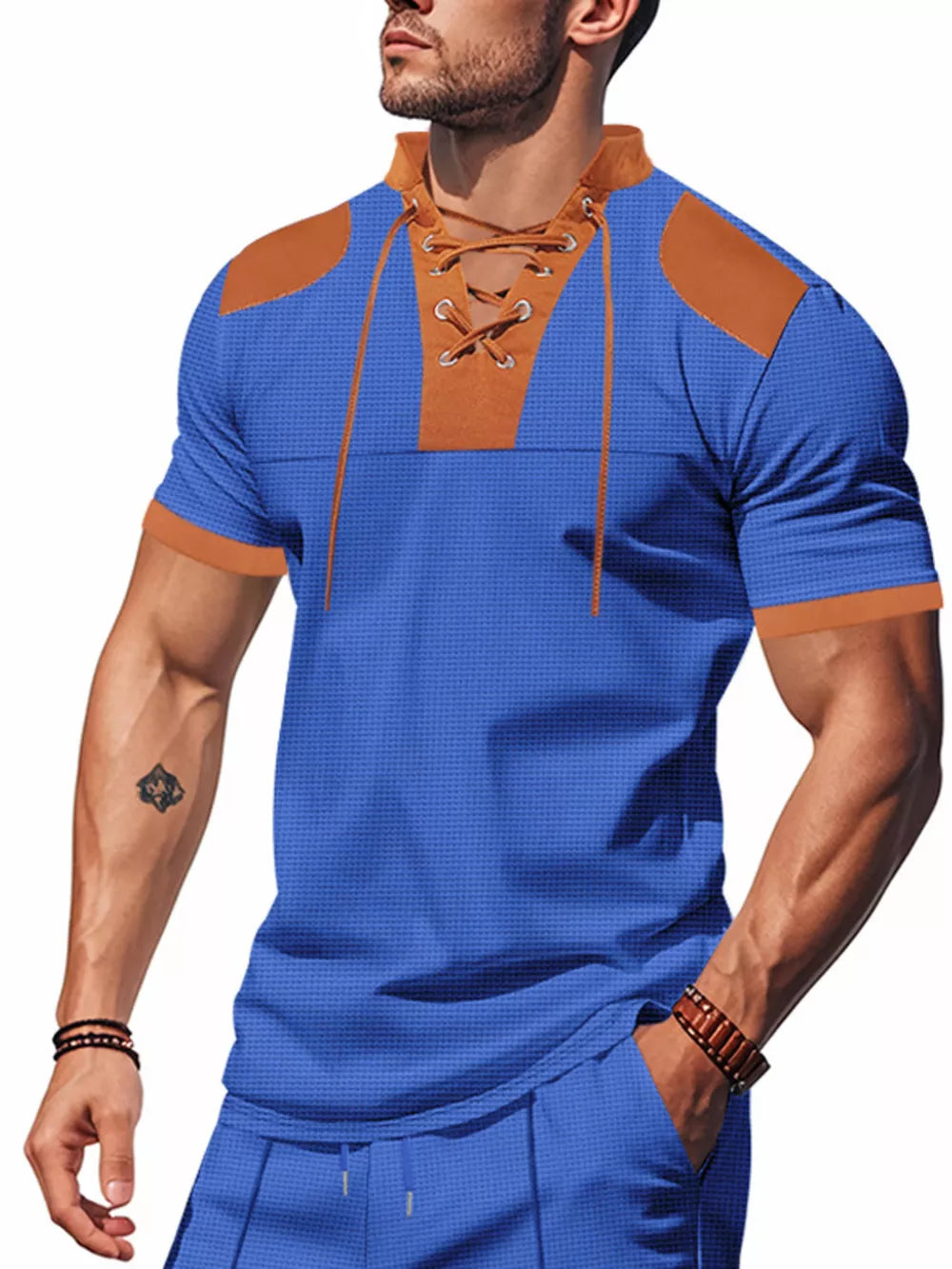 Men's blue short sleeve tee with lace-up neckline and brown accents.