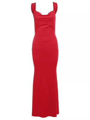Red backless maxi dress with sweetheart neckline and bow detail