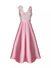 Pink midi dress with floral appliqué bodice, V-neck, belted waist, and A-line skirt.