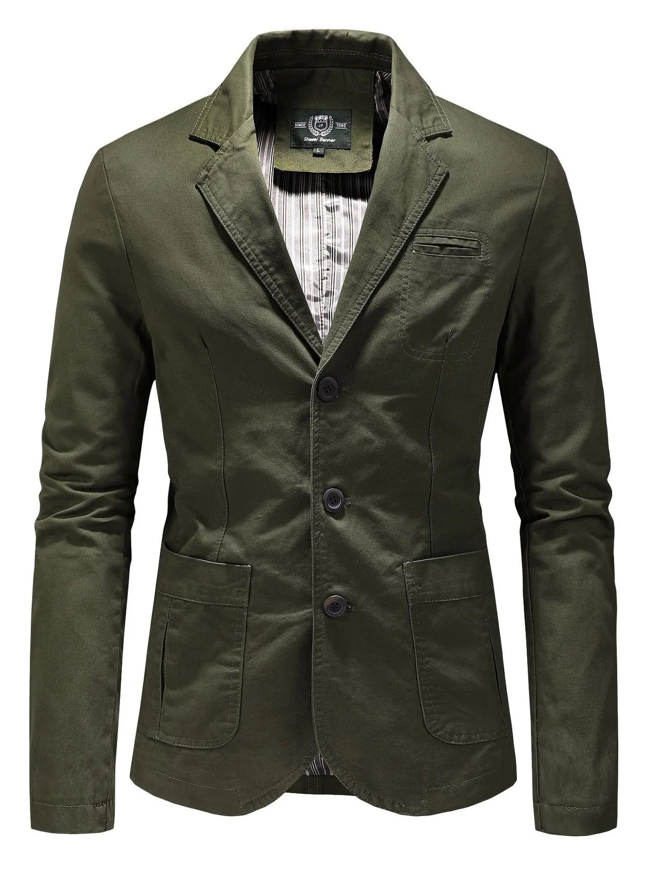 Green cotton casual button-up blazer with two front pockets and a chest pocket.