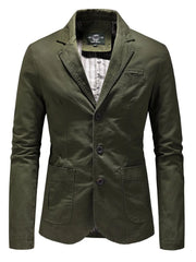 Green cotton casual button-up blazer with two front pockets and a chest pocket.