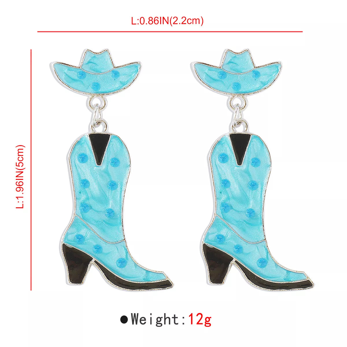 Blue cowboy boot dangle earrings with polka dots and hat detail, 18K gold-plated.