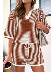 Striped knit polo shirt and drawstring shorts set in caramel and white.