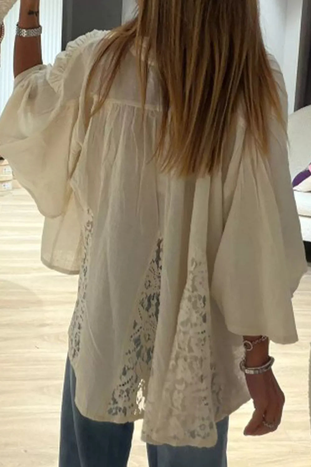 Sheer Lace Splicing Detail Loose Shirt in Beige, close-up detail