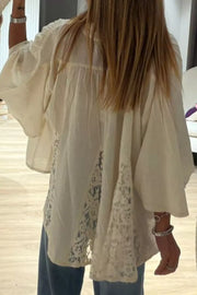 Sheer Lace Splicing Detail Loose Shirt in Beige, close-up detail