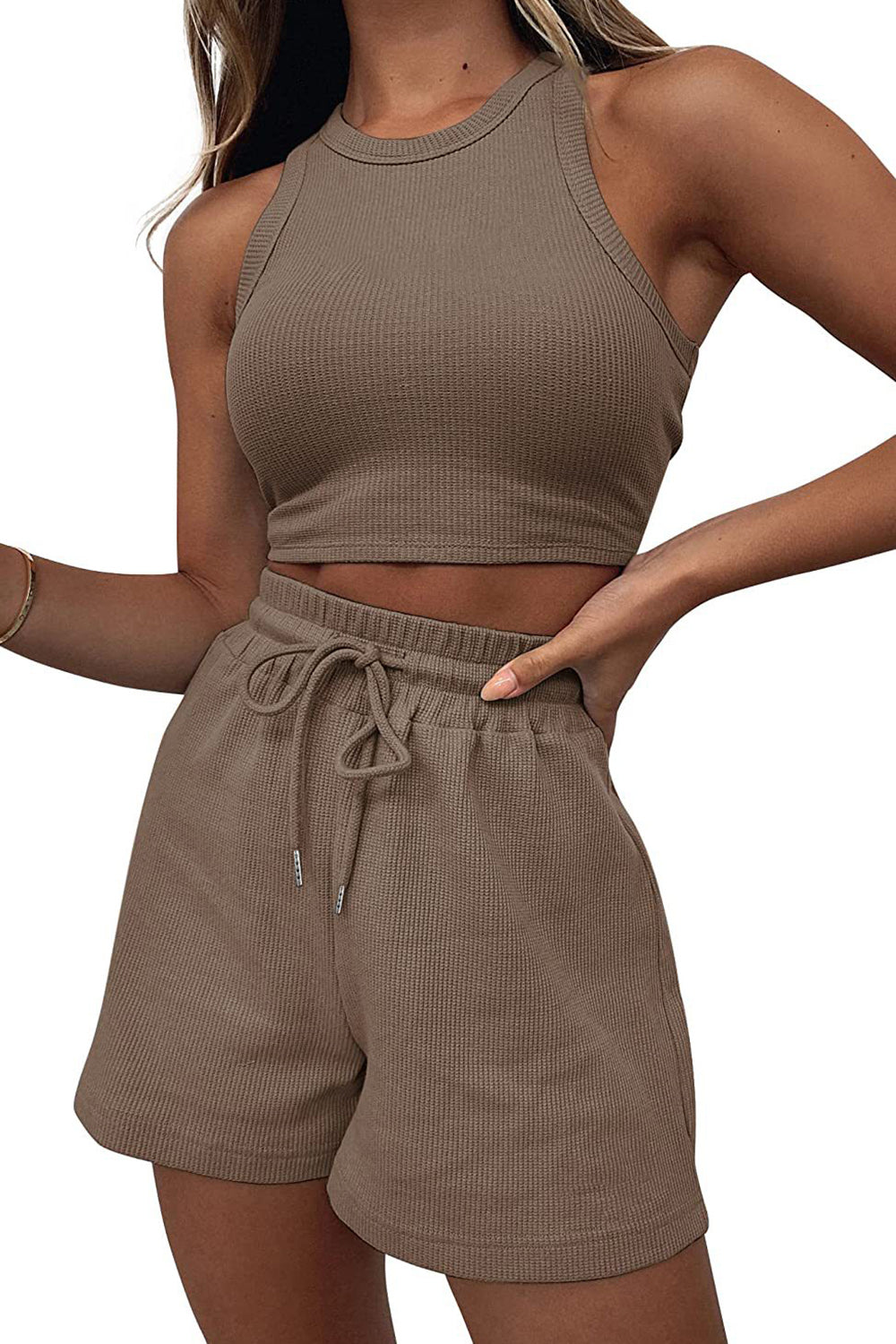 Ribbed knit crop top and drawstring shorts set in tan.