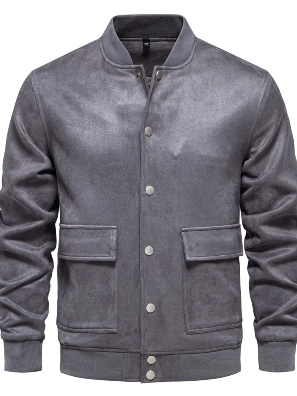 Dark Gray suede-effect bomber jacket with snap closure and two chest pockets.