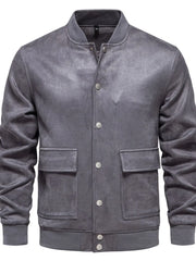 Dark Gray suede-effect bomber jacket with snap closure and two chest pockets.