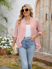 Dusty Pink eyelet cardigan with open front and 3/4 sleeves.