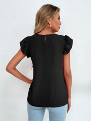 Black dotted Swiss blouse with keyhole back and ruffle sleeves