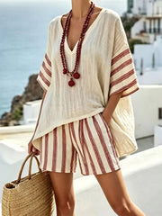 Full Size Striped 3/4 Sleeve Top And Shorts Set in Beige, front view