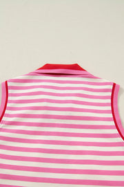Pink and white striped polo top with red collar and trim