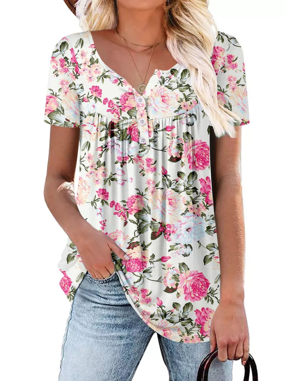 White floral ruched v-neck t-shirt with short sleeves and button detail