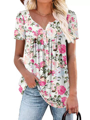 White floral ruched v-neck t-shirt with short sleeves and button detail