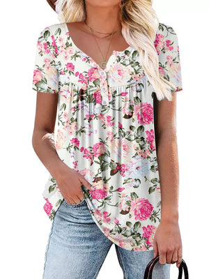 White floral ruched v-neck t-shirt with short sleeves and button detail