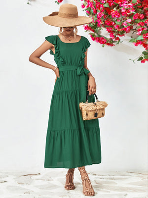 Forest green tiered midi dress with flutter sleeves and a belted waist.