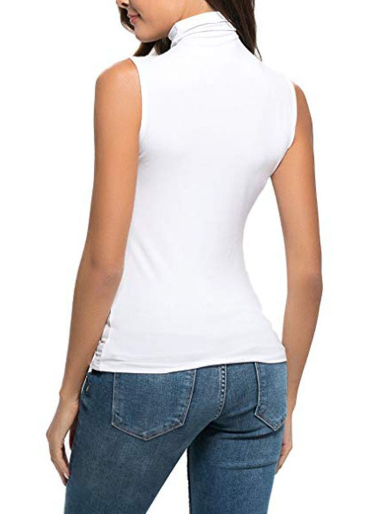 White sleeveless turtleneck t-shirt with a mock neck, shown from the back.