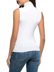 White sleeveless turtleneck t-shirt with a mock neck, shown from the back.
