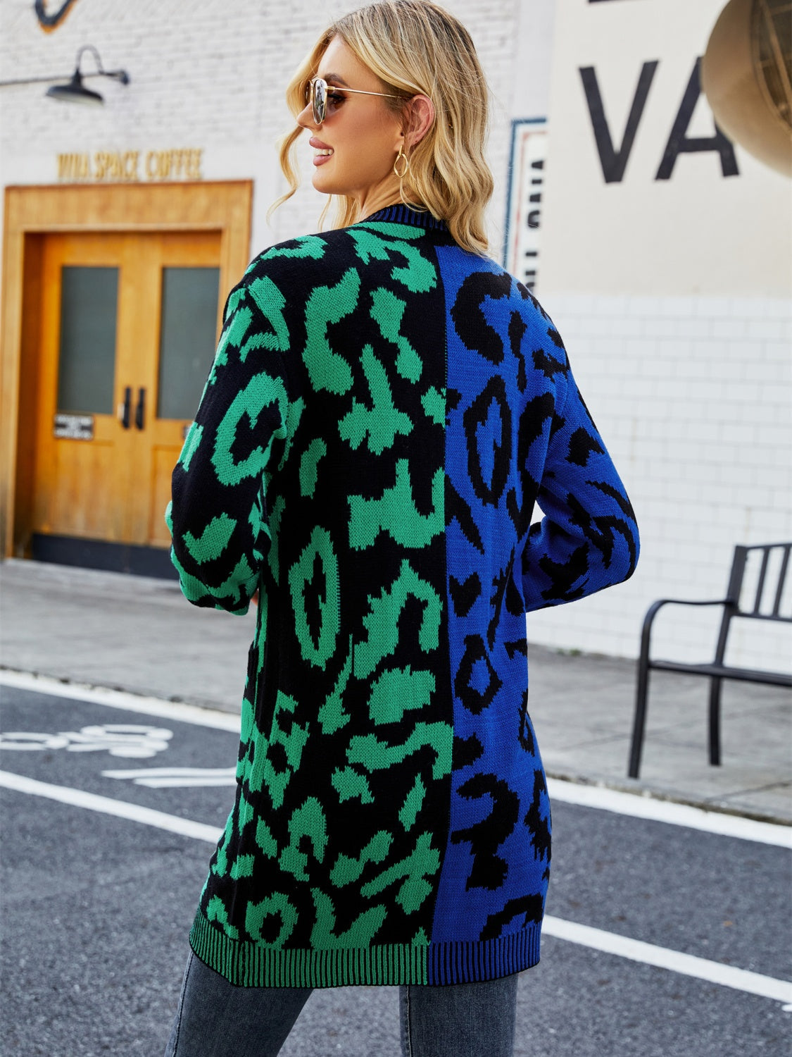 Colorblock leopard knit duster cardigan with green and blue panels, acrylic material.