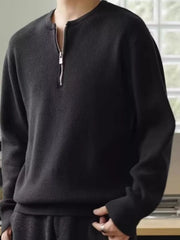 Black quarter zip relaxed fit pullover sweater with silver zipper detail