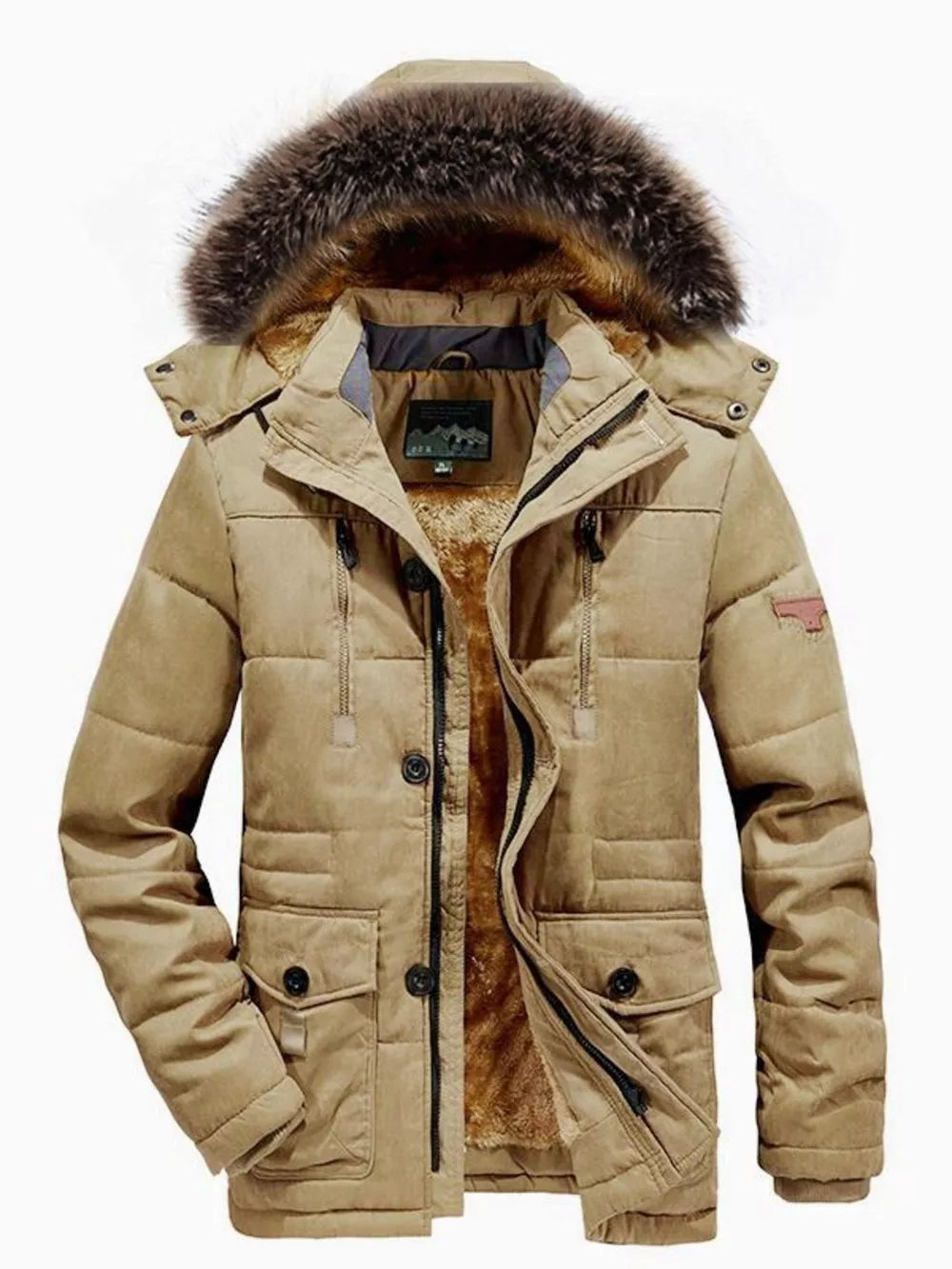 Men's Khaki puffer coat with faux fur hood, button-down front, and multiple pockets.