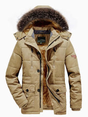 Men's Khaki puffer coat with faux fur hood, button-down front, and multiple pockets.