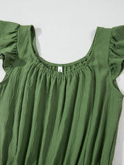 Matcha green textured jumpsuit with ruffle sleeves and smocked neckline.