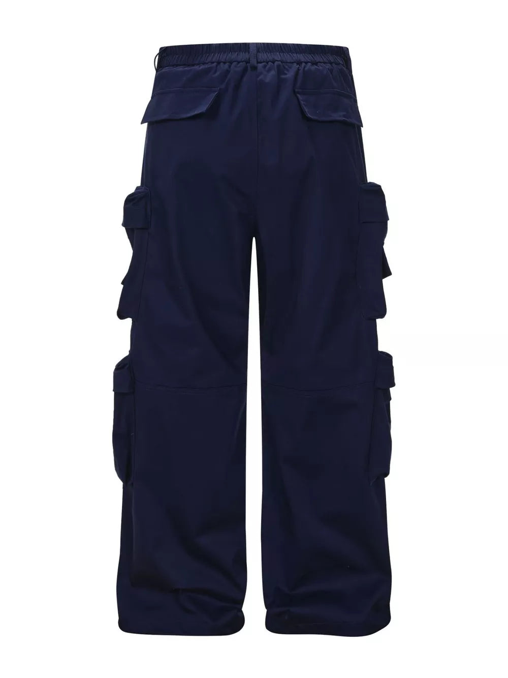 Navy blue cargo pants with multiple flap pockets and a relaxed fit.