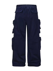 Navy blue cargo pants with multiple flap pockets and a relaxed fit.