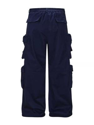 Navy blue cargo pants with multiple flap pockets and a relaxed fit.