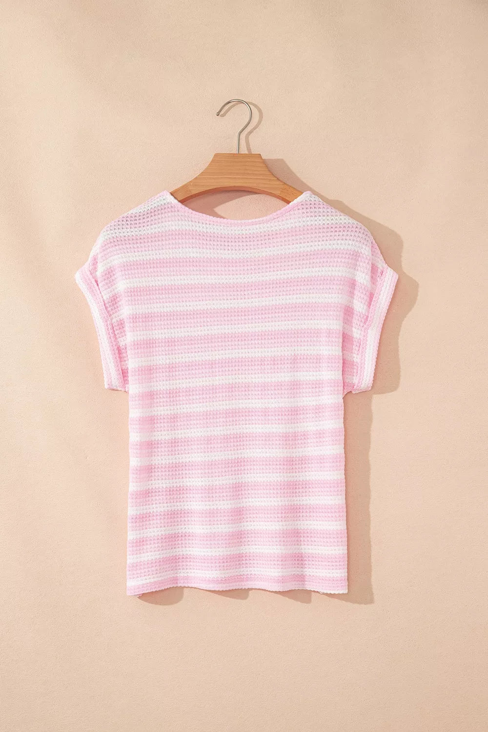 Striped Print Waffle Knit T Shirt in Blush Pink, alternate angle