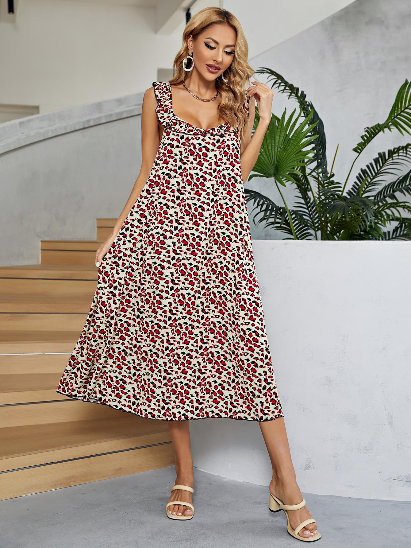 Leopard print midi dress with ruffle straps and a sweetheart neckline in deep red.