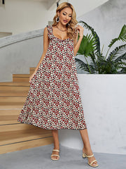 Leopard print midi dress with ruffle straps and a sweetheart neckline in deep red.