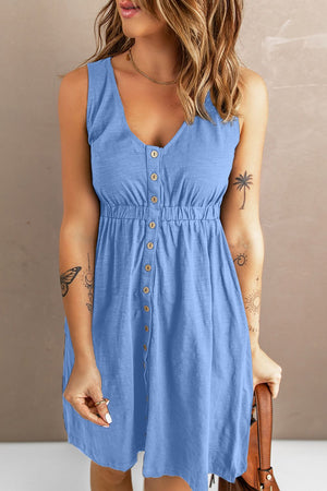 Blue button-down mini dress with gathered waistline and v-neck