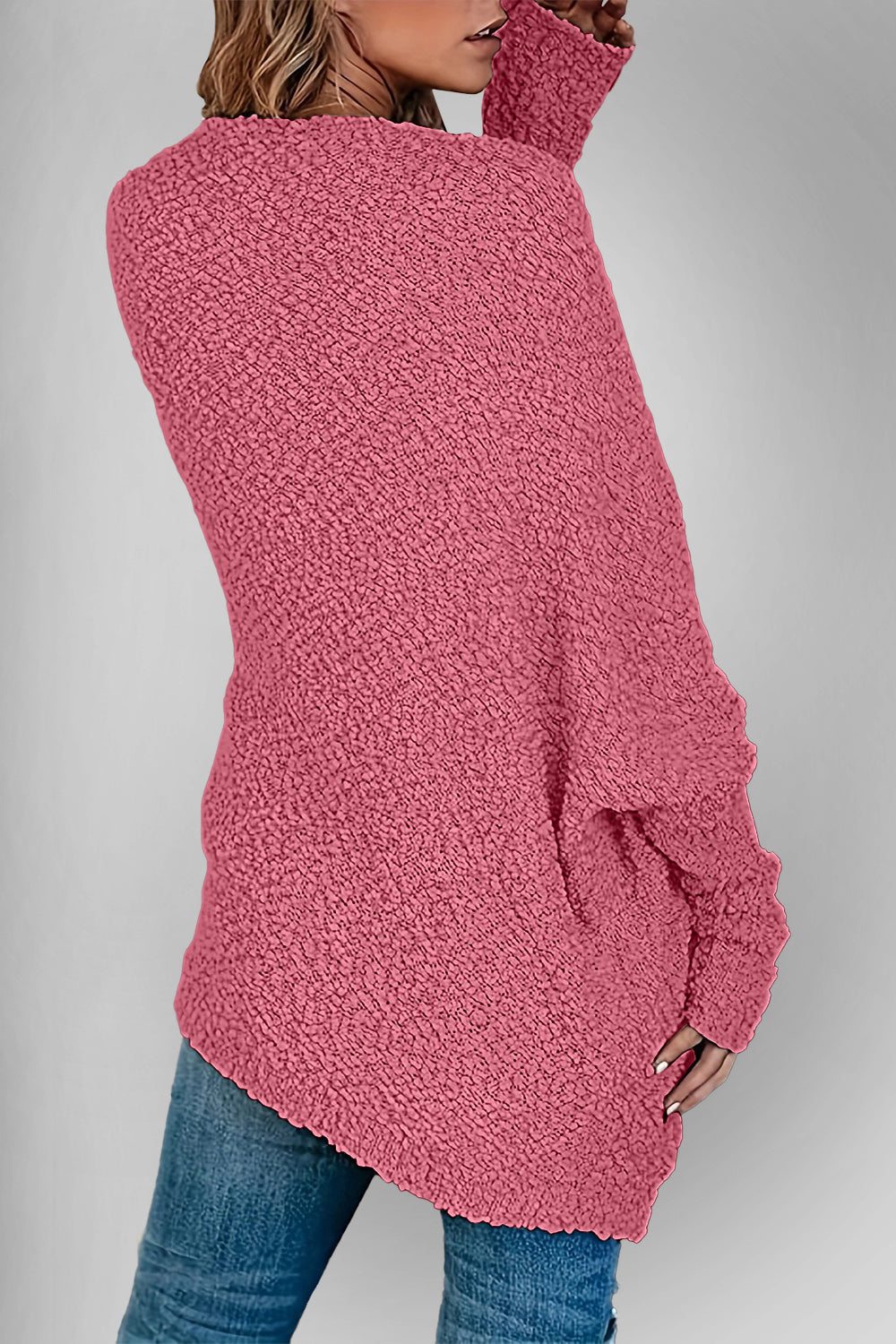 Deep Rose popcorn knit open cardigan with textured fabric and long sleeves.