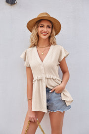 Cream flutter sleeve peplum blouse with button front and ruffled hem