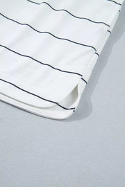 White and navy striped polyester bikini shorts with drawstring detail.