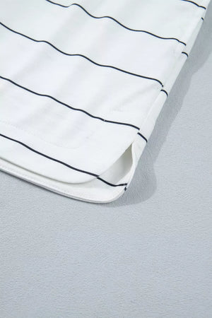 White and navy striped polyester bikini shorts with drawstring detail.