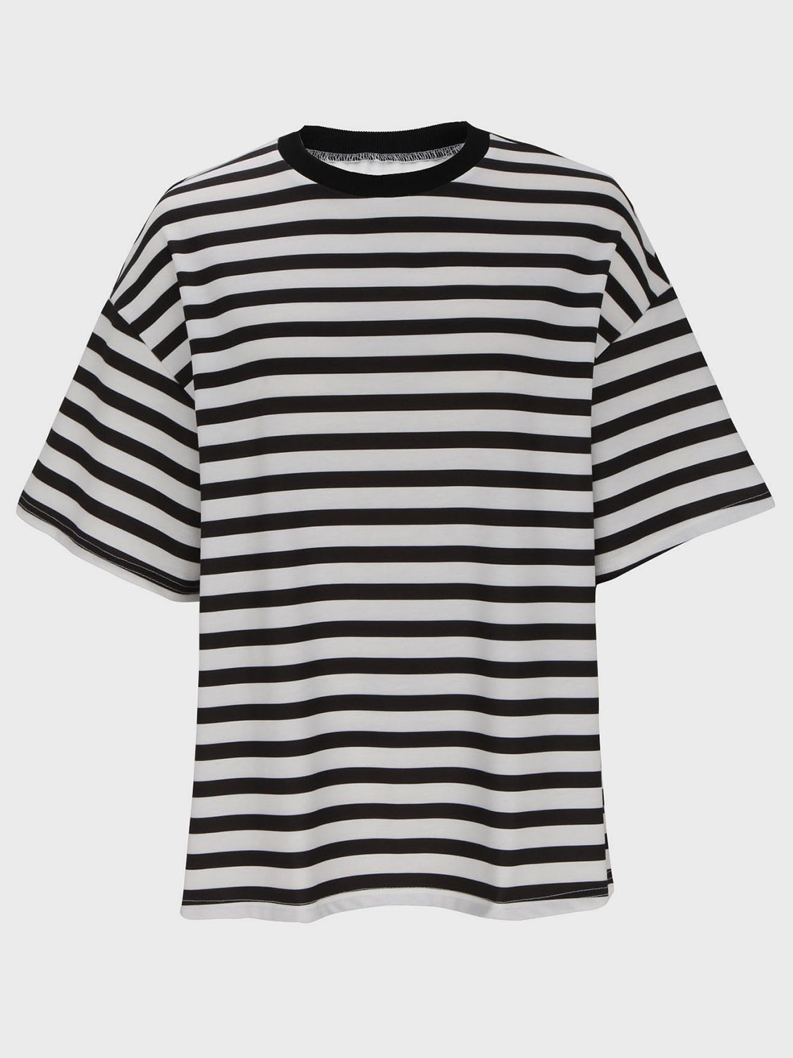 Oversized black and white striped t-shirt with dropped sleeves and crew neck.