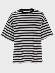 Oversized black and white striped t-shirt with dropped sleeves and crew neck.