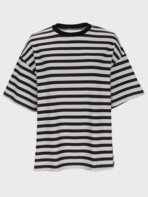 Oversized black and white striped t-shirt with dropped sleeves and crew neck.