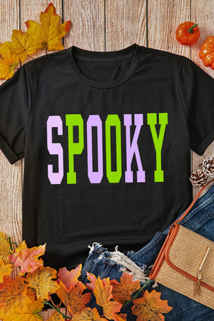 Black t-shirt with purple and green SPOOKY collegiate graphic