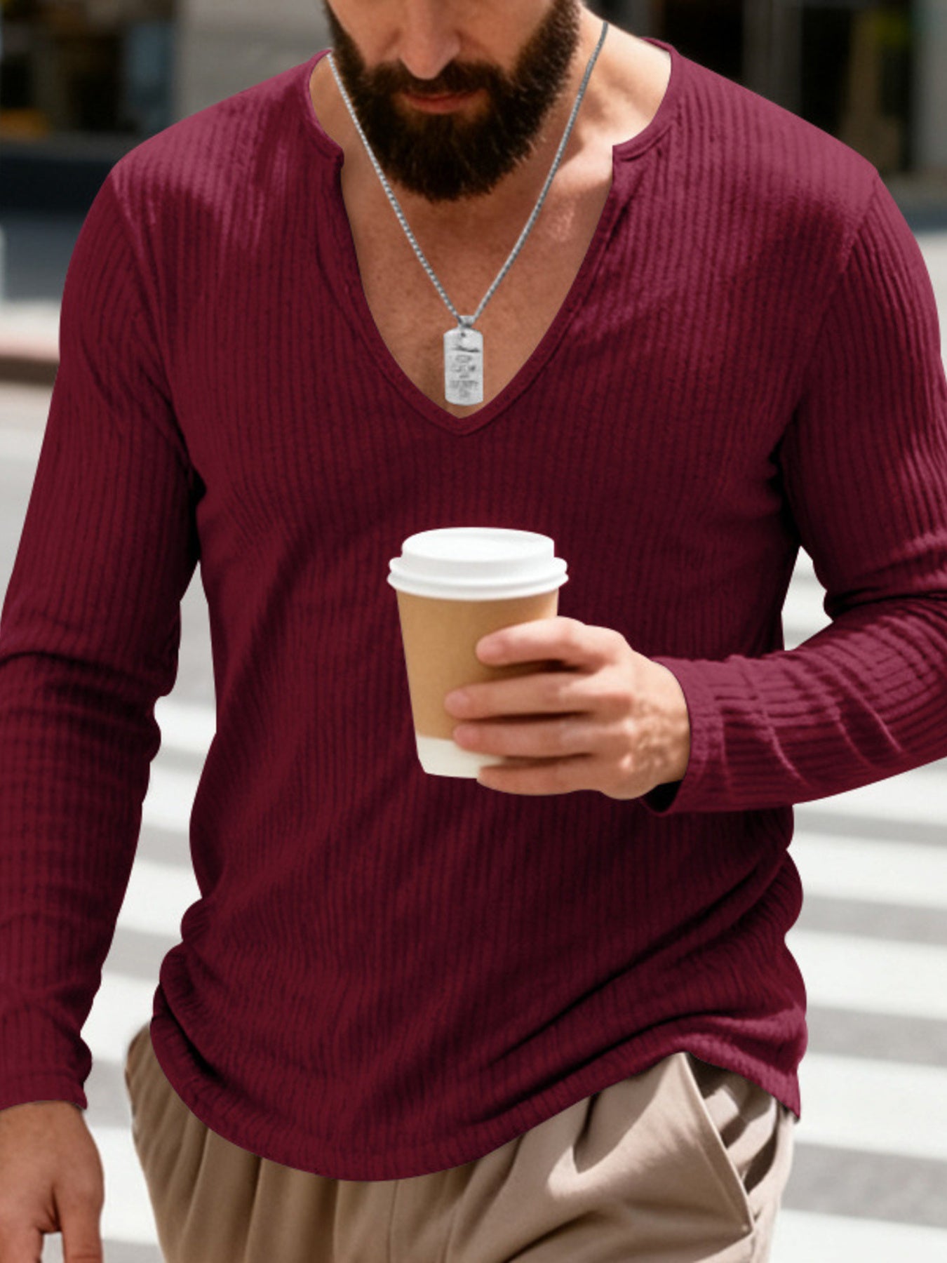 Men's ribbed long sleeve t-shirt in Wine Red with a deep V-neck.