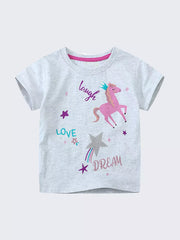 Toddler grey cotton t-shirt with pink unicorn graphic, stars, and text. Relaxed fit, crew neck.