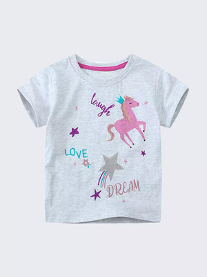 Toddler grey cotton t-shirt with pink unicorn graphic, stars, and text. Relaxed fit, crew neck.