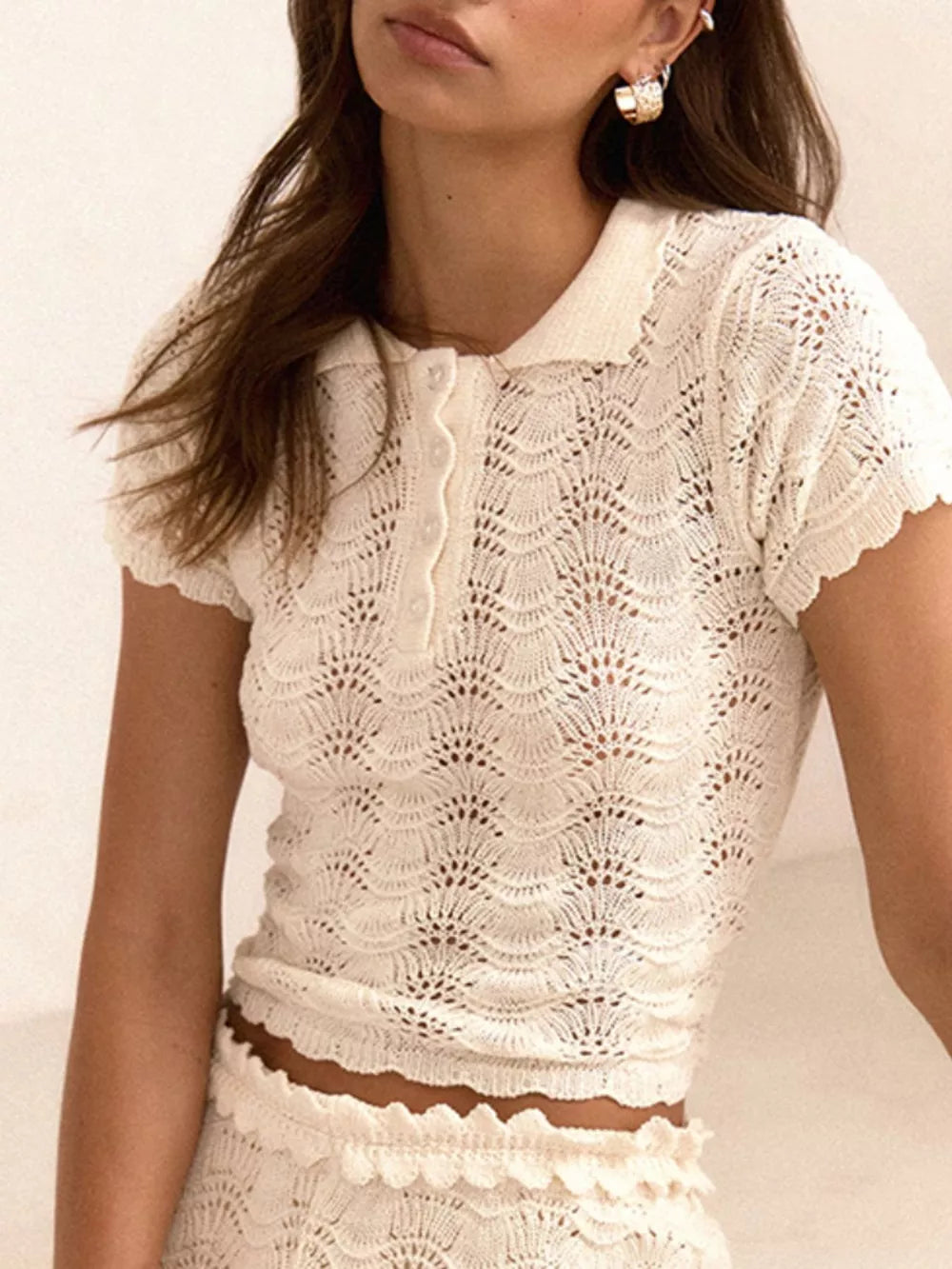 Openwork Crochet Knit Polo Top And Shorts Set in White, side view