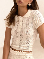Openwork Crochet Knit Polo Top And Shorts Set in White, side view